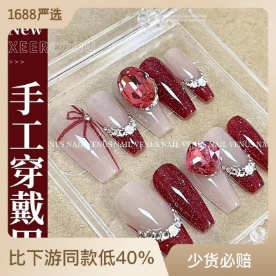 纯手工穿戴甲 美甲腮红复古红色显白爱心拆卸ins 手绘穿戴甲图3