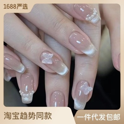 【送盒子】纯手工穿戴甲猫眼裸色美甲贴片蝴蝶结钻冰透假 指甲批发图2