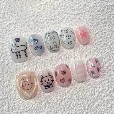 纯手工穿戴甲可爱猫猫不规则手绘假指甲多巴胺爱心美甲短甲小众图3