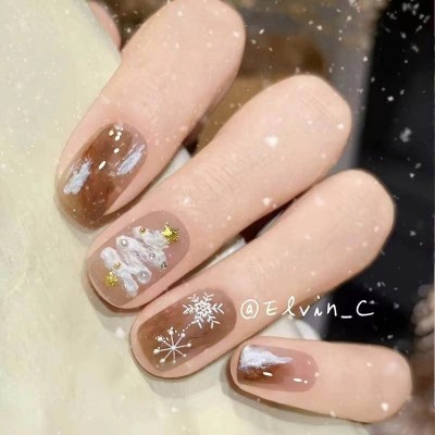 纯手工穿戴甲圣诞雪松美甲水墨晕染雪花美甲雪融松糕假指甲圣诞树图4