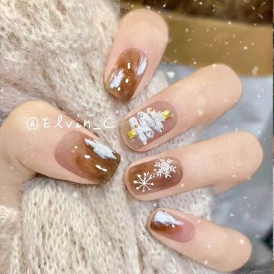 纯手工穿戴甲圣诞雪松美甲水墨晕染雪花美甲雪融松糕假指甲圣诞树图2