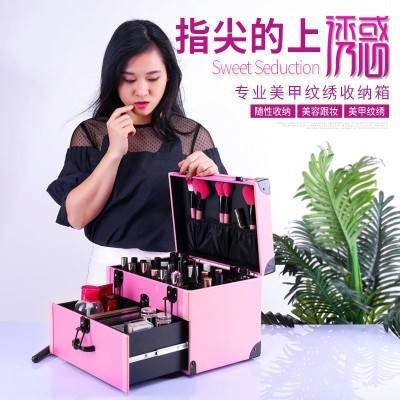 美甲化妆箱指甲油口红粉底粉扑收纳箱彩印美妆美甲师跟妆手提箱图3