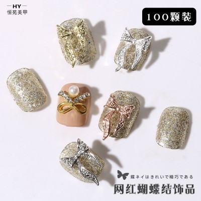 同款美甲金属蝴蝶结合金指甲钻金银色飘带蝴蝶百搭立体异形钻图3